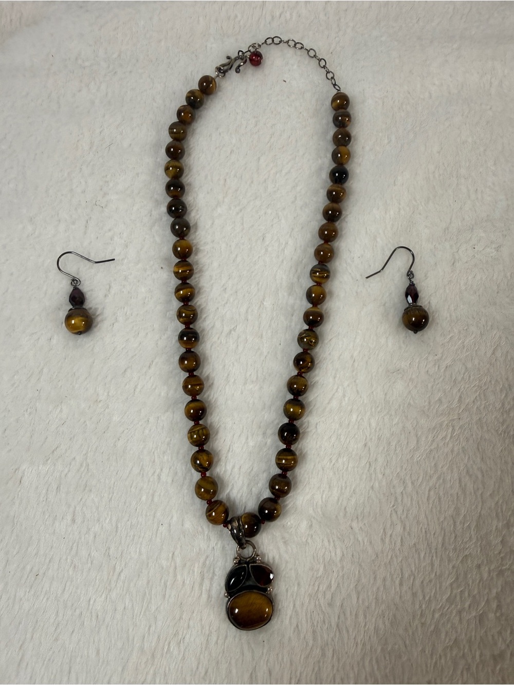 Tiger Eye & Garnet Bead Necklace with Matching Earrings - Brown Handmade Jewelry - Picture 2 of 6